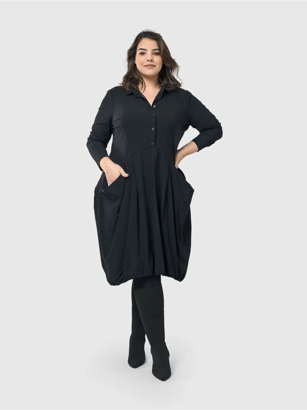 Sympli Black Balloon-Hem Shirt Dress